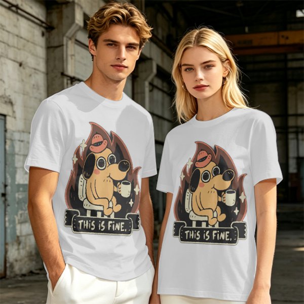 Olive T-Shirt Featuring the 'This Is Fine' Dog in Flames Holding Coffee
