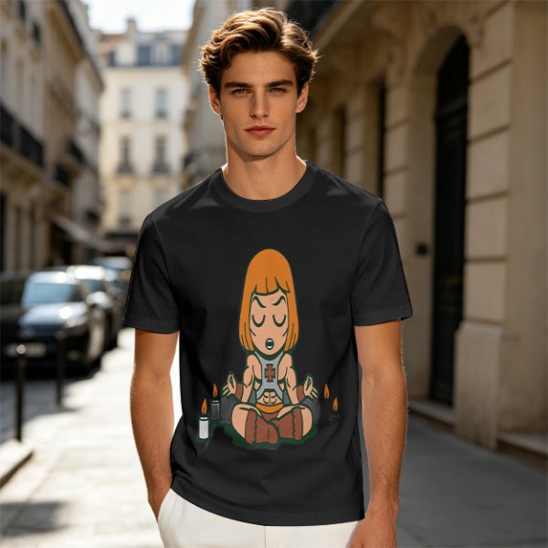 Olive T-shirt with cartoon muscular character meditating surrounded by candles