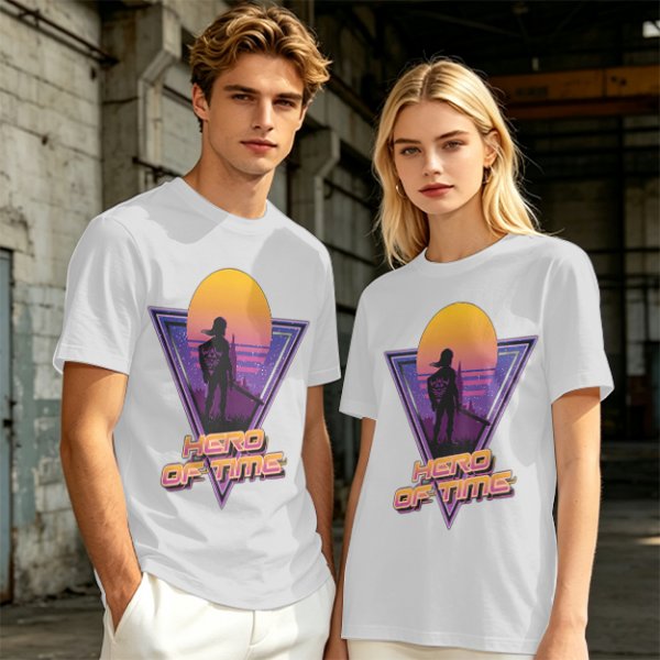 Olive green retro sunset graphic t-shirt with Hero of Time print