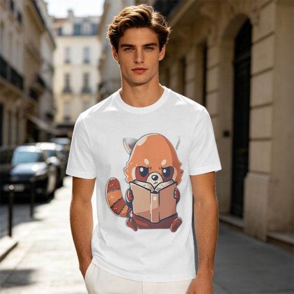 Olive T-Shirt with Cute Red Panda Reading Book Graphic