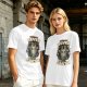 Olive green graphic t-shirt with 'cats were never from earth' alien and cat print