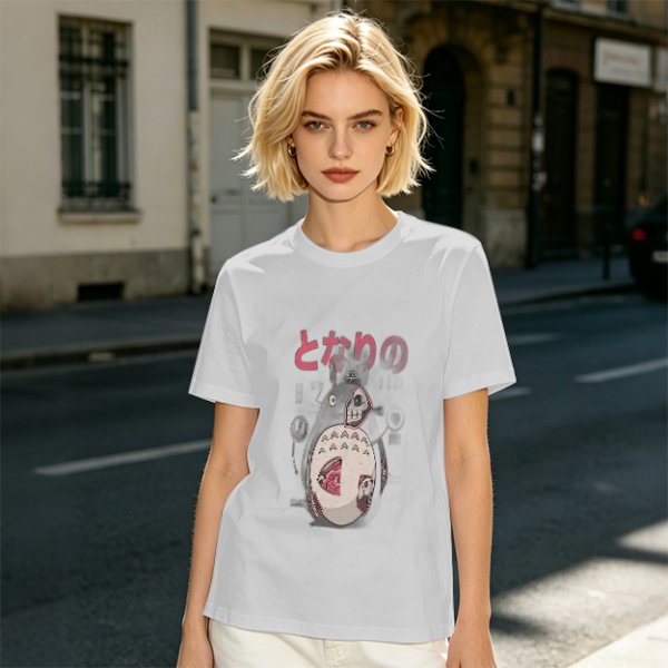 Olive T-shirt with horror stylized Totoro graphic and Japanese text