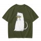 Olive T-Shirt With White Cat Playing Harmonica Graphic