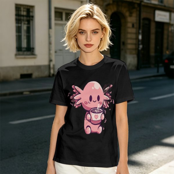 Olive T-Shirt With Cute Axolotl Holding Hot Drink Print