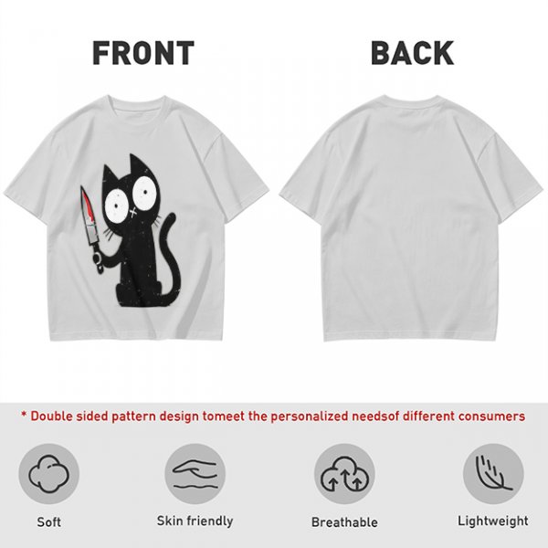 Olive T-shirt with a black cartoon cat holding a bloodied knife