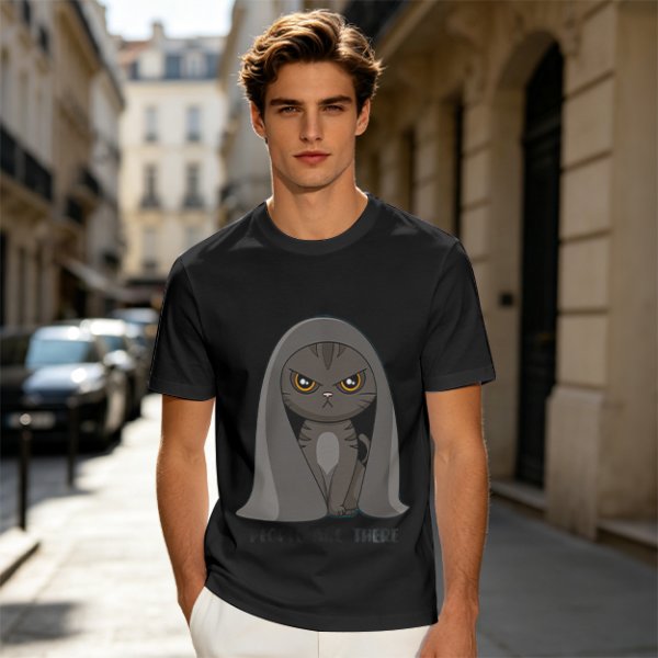 Olive T-shirt with Angry Cat in Hooded Cloak Graphic Print