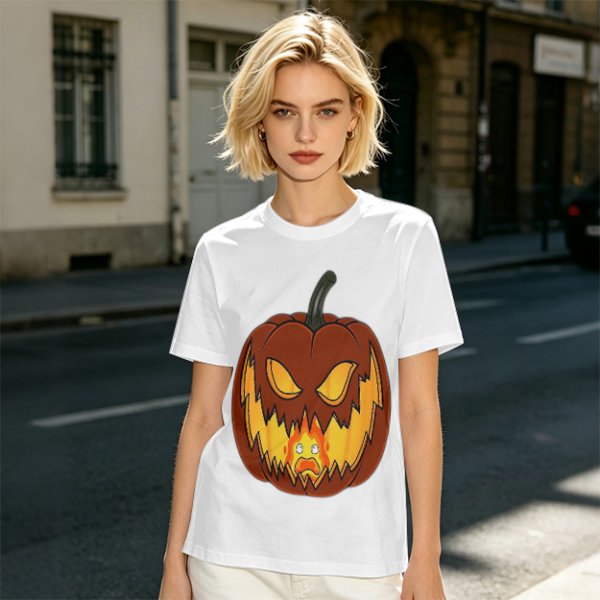 Olive Green T-Shirt With Scary Jack O' Lantern Pumpkin Print