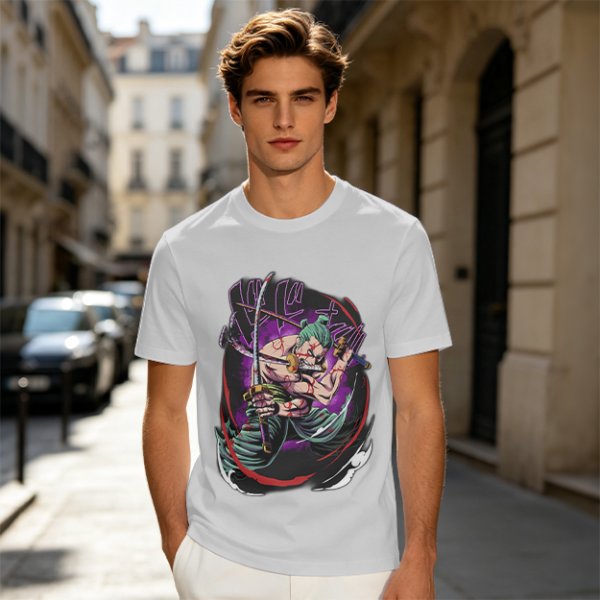 Olive T-shirt with One Piece Roronoa Zoro Three Sword Style Print