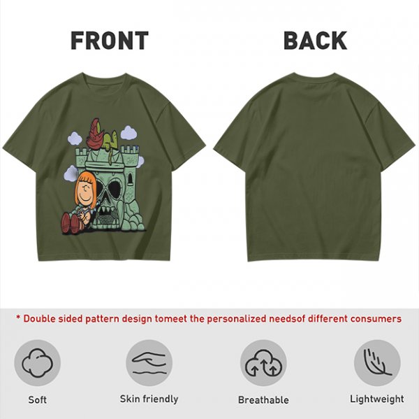Olive T-shirt with Peanuts-style He-Man Castle Grayskull Graphic