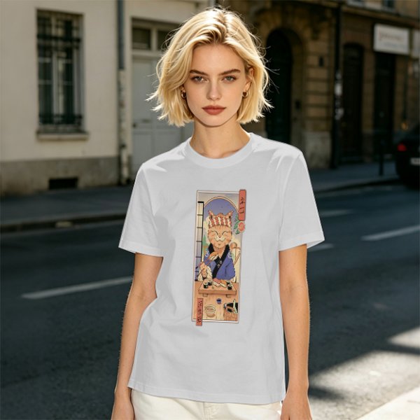 Olive T-Shirt with Japanese Style Sushi Chef Cat Print