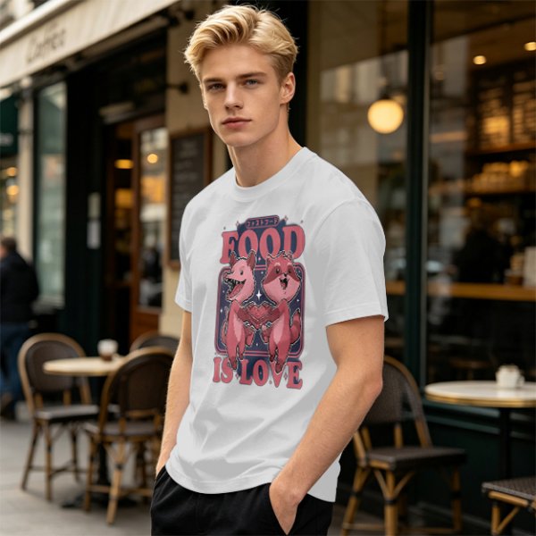 Olive graphic t-shirt with food is love and cartoon animal design