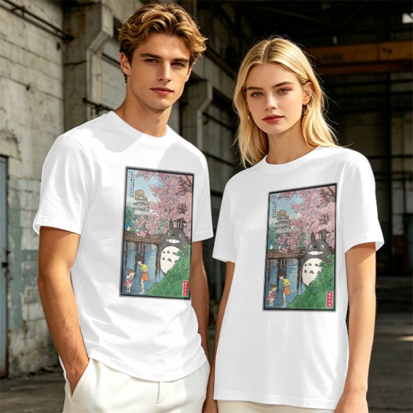 Olive T-shirt with Totoro cherry blossom Japanese woodblock print