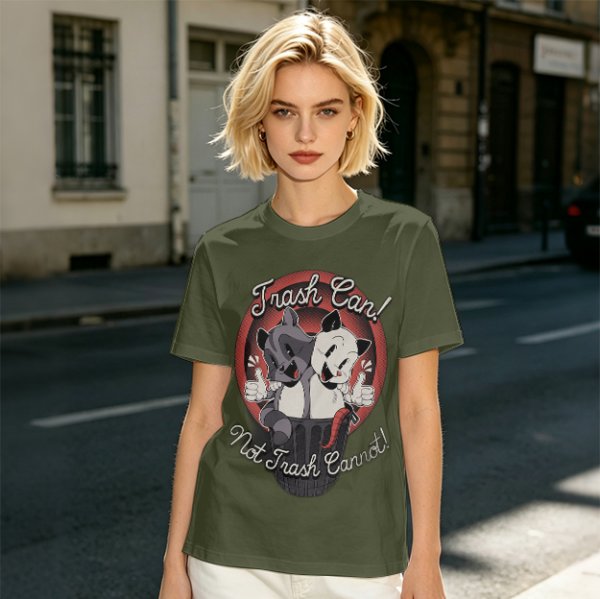 Olive t-shirt with retro cartoon raccoon and dog trash can print