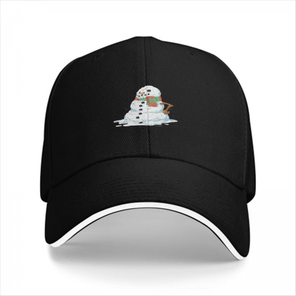 Black baseball cap with a melting snowman graphic for winter style