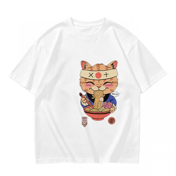 Olive green t-shirt with a cute cat eating ramen graphic