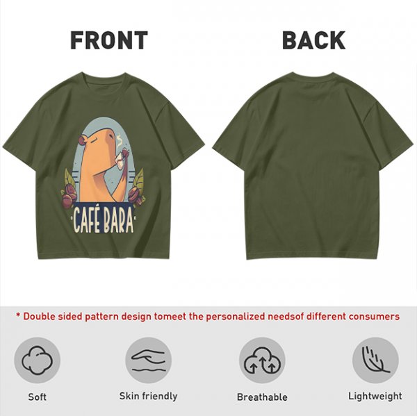 Olive t-shirt with capybara drinking coffee graphic