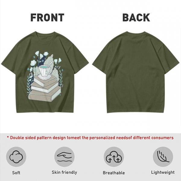 Olive T-Shirt With Stacked Books Teacup Floral Print