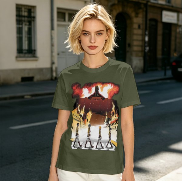 Olive T-Shirt With Anime Characters Crossing Burning Street Print