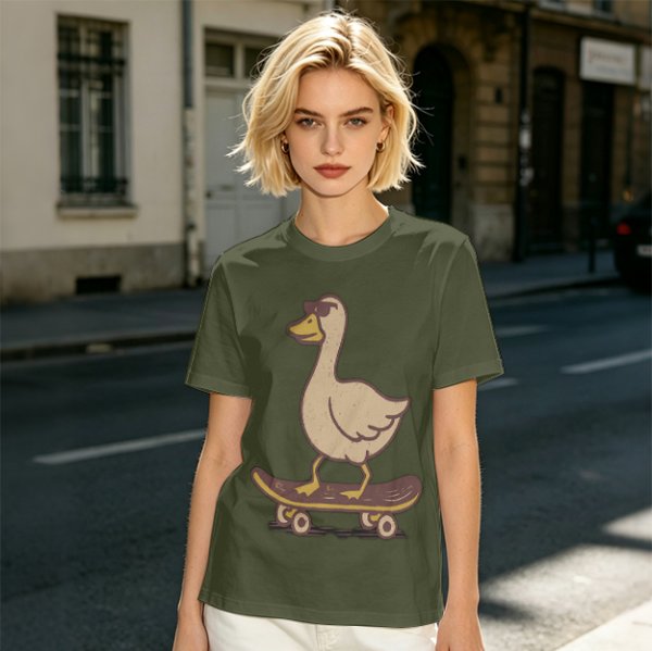 Olive T-Shirt Featuring a Cool Duck Wearing Sunglasses Riding a Skateboard