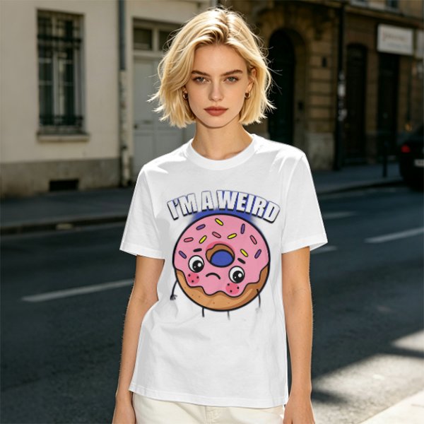 Olive green t-shirt with sad donut graphic and 'I'M A WEIRD' text
