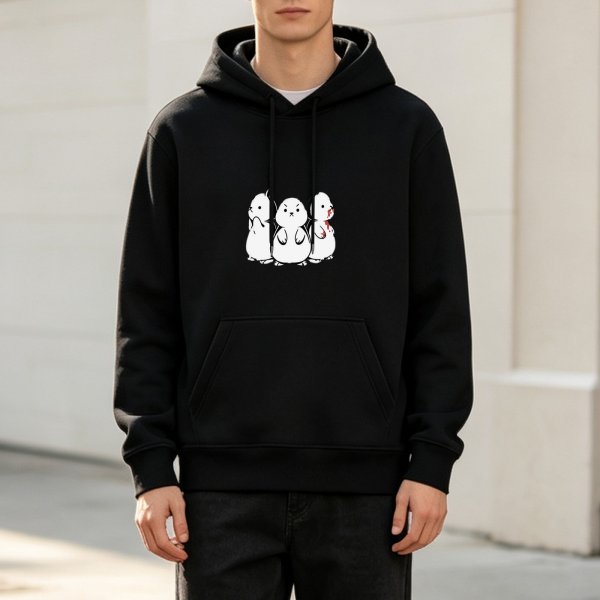 Black hoodie with three stylized white cartoon creatures graphic