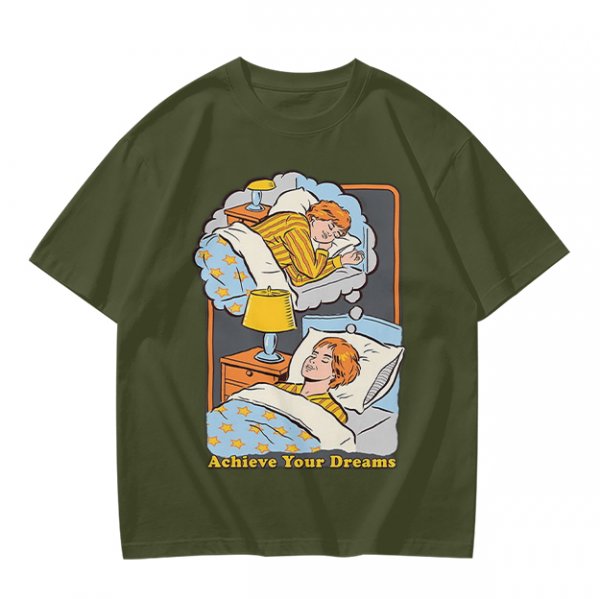 Olive graphic t-shirt with sleeping person and 'Achieve Your Dreams' text