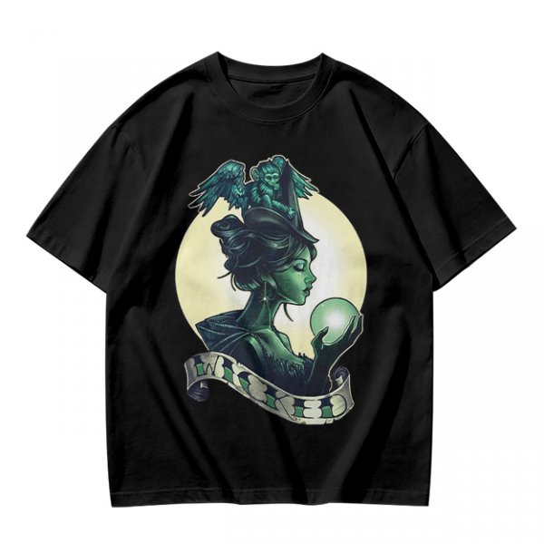 Olive Witch Graphic T-Shirt With Winged Monkey And Crystal Ball