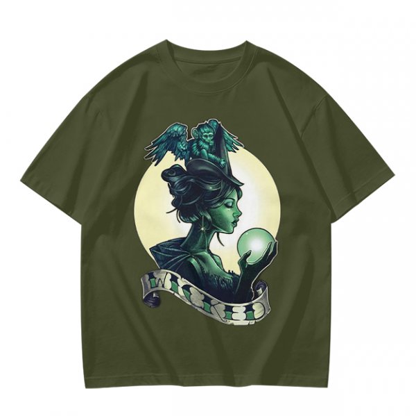 Olive Witch Graphic T-Shirt With Winged Monkey And Crystal Ball