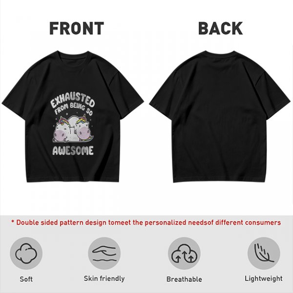 Olive t-shirt with exhausted unicorn hippo graphic and funny text