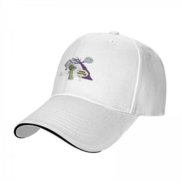Black baseball cap with 'More Coffee!' monster graphic print