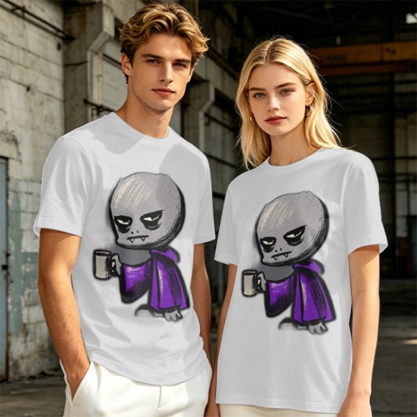 Olive T-Shirt With Grumpy Vampire Holding Coffee Mug Print