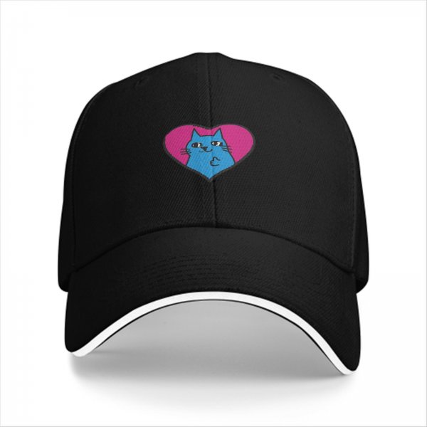 Black Baseball Cap With Blue Cat In Pink Heart Graphic