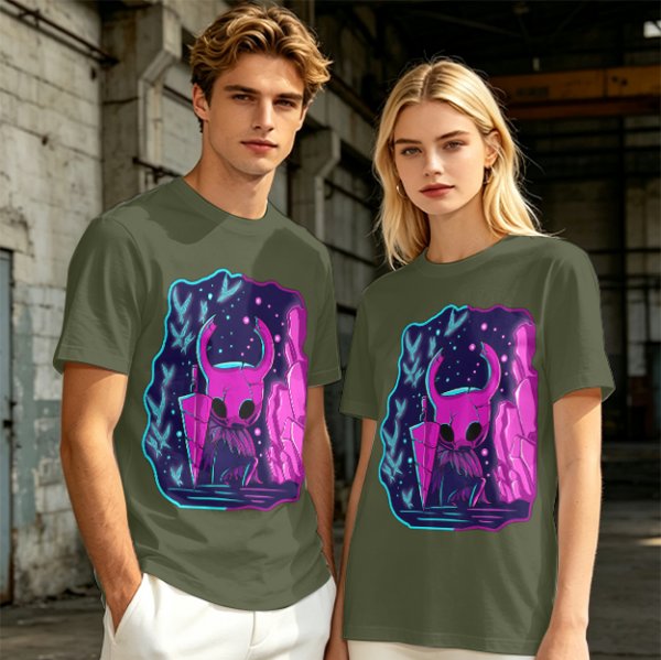 Olive Green T-Shirt With Neon Hollow Knight Character Art