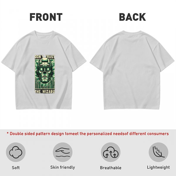 Olive green t-shirt with 'Don't Trust The Wizard' robot graphic print
