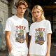 Olive T-shirt with cartoon T-Rex holding small dinosaurs and RAWR text
