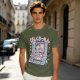 Olive green graphic t-shirt with cute handheld game kitchen art
