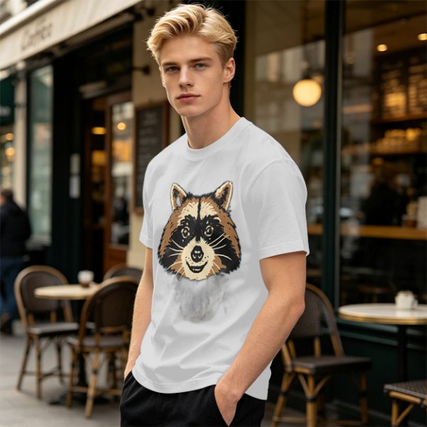 Olive Green T-Shirt With Smiling Raccoon Graphic Print