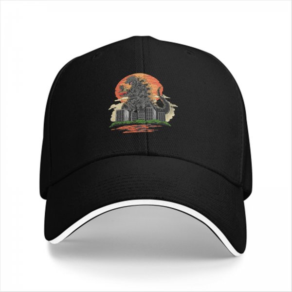 Black Baseball Cap with Godzilla City Destruction Sunset Art