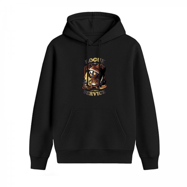 Black Hoodie with Rogue At Your Service Fantasy Character Art