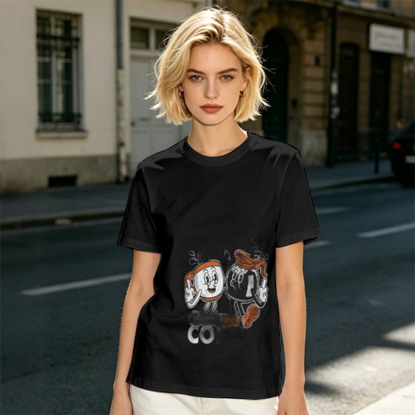 Olive T-Shirt with Retro Cartoon Coffee Cup Characters Graphic