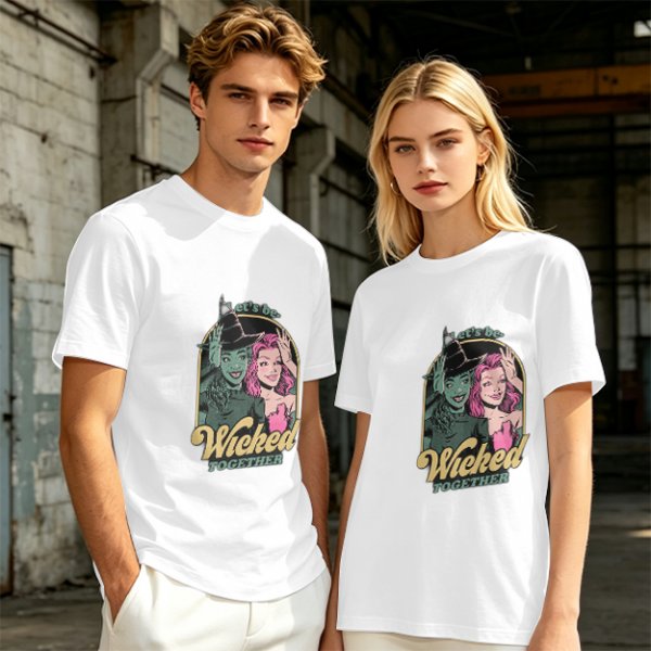 Olive green graphic t-shirt with 'Let's be Wicked Together' witch design