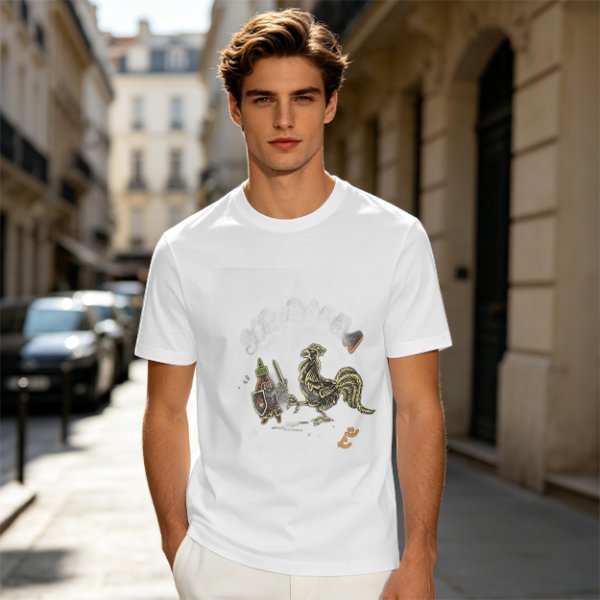 Olive Green T-Shirt With Knight Vs Rooster Fantasy Graphic Print