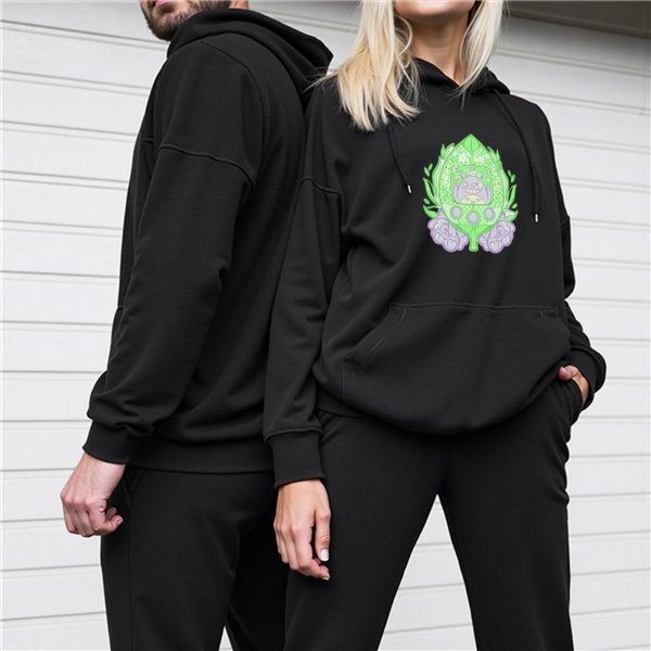 Black hoodie with green leaf and purple creature graphic