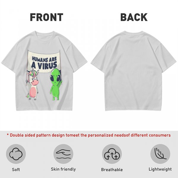 Olive T-shirt with Unicorn and Alien Holding 'Humans Are A Virus' Sign