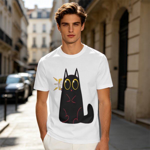 Olive Green T-Shirt With Surprised Black Cat Graphic Print