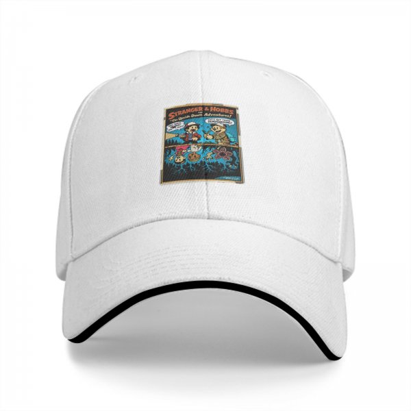 Black baseball cap with Stranger & Hobbs Upside Down Adventures graphic print