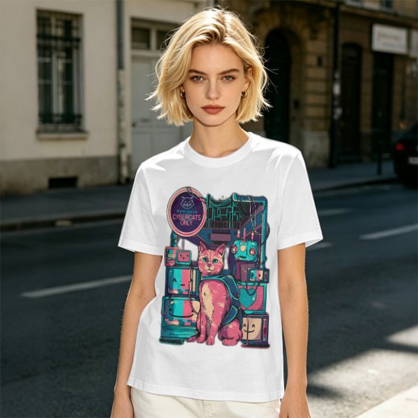 Olive T-Shirt with Cyberpunk Pink Cat and Robotic Tech Print