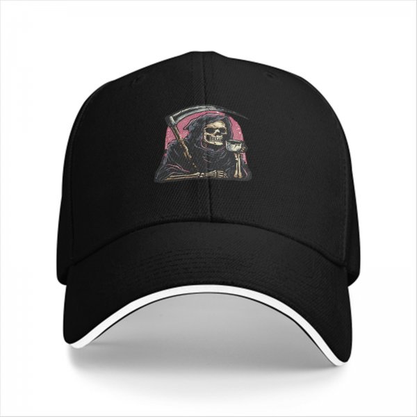 Black Baseball Cap With Grim Reaper Holding Scythe And Drink Graphic