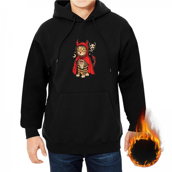 Black Hoodie With Devil Cat Graphic Design
