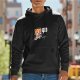 Black hoodie with angry cartoon cat graphic and funny text
